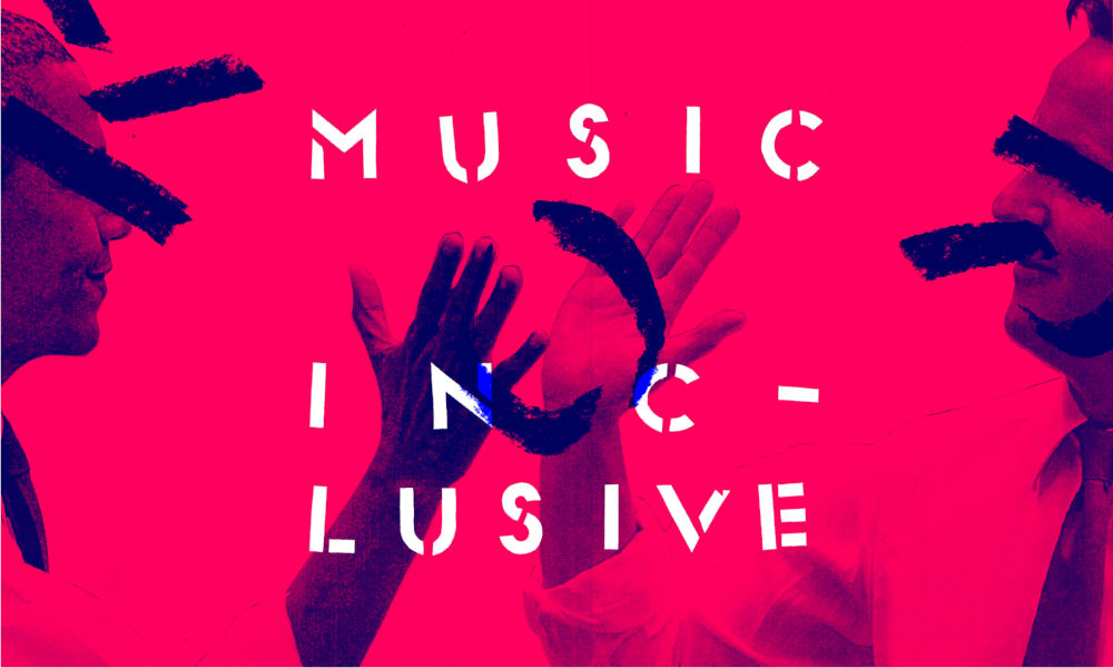edited pink and blue banner that says music inclusive
